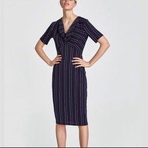 HOT Zara midi striped cowl neck dress w/half sleeve. Size large. NWOT